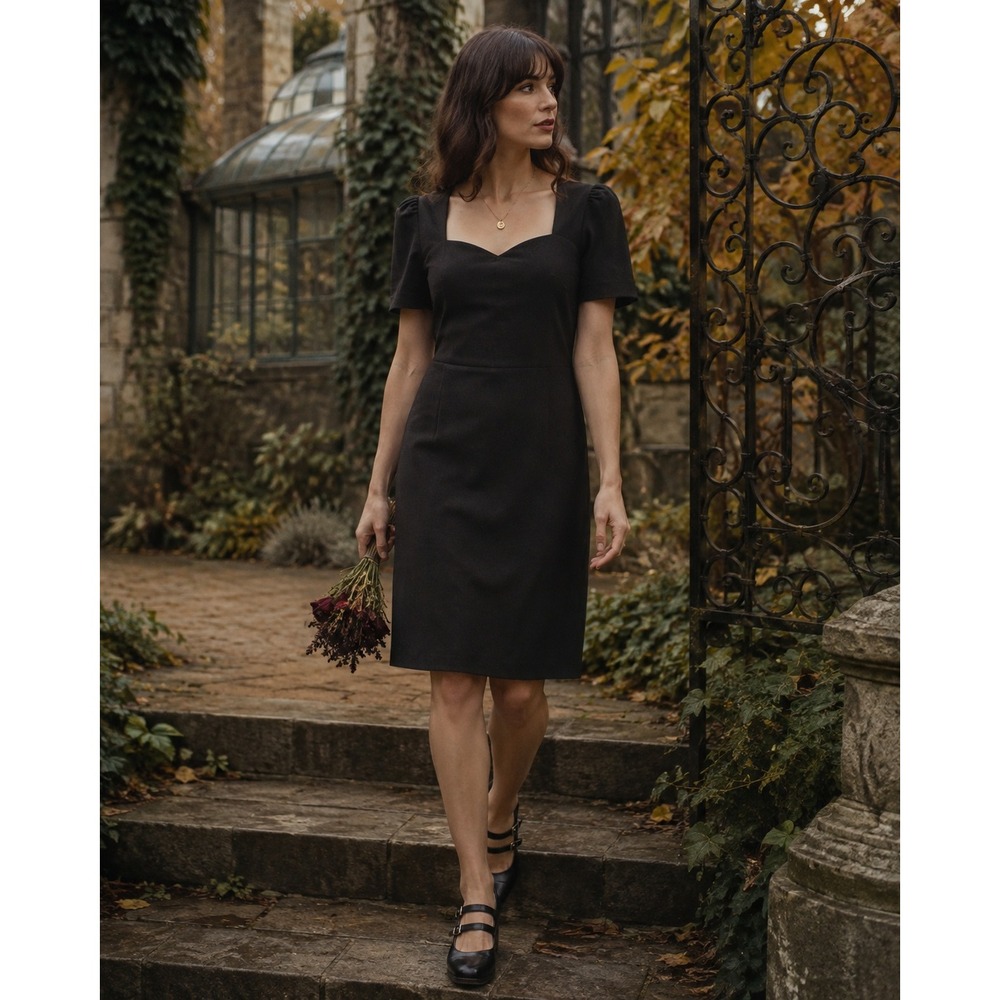 NWT Halogen Black Sweetheart Neck Sheath Dress Puff Sleeve Size M
